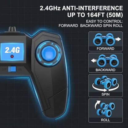 2.4GHz RC Stunt Car 4WD Double Sided Rollover Blue | TRP Tires for All Terrain, 360° Spin & Drift, 60 Min Total Play with 2 Batteries, USB-C Fast Charging, Gift for Teens Adults - color: Blue-standard
