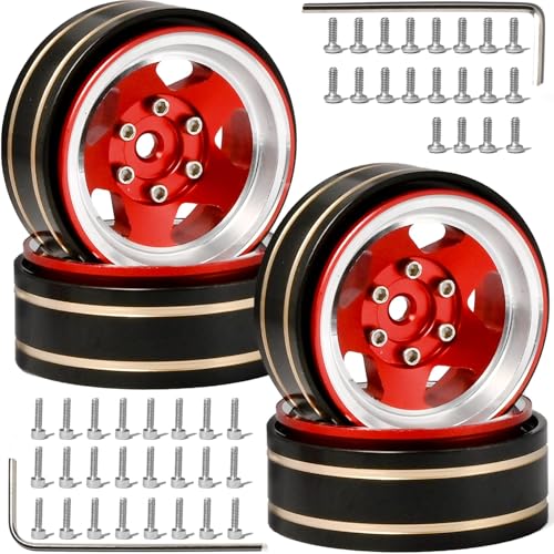 1.3 Beadlock Wheel - Aluminum & Brass Wheel Rims for TRX4M SCX24 1/18 1/24 | Brass Negative Offset 1.3” Wheel Hub Width 15mm OD 37mm with 7mm Hex Fit FMS Ascent-18 RC Car Off Road Tire, 4pcs (Red) - color: Red