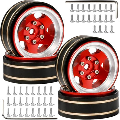 1.3 Beadlock Wheel - Aluminum & Brass Wheel Rims for TRX4M SCX24 1/18 1/24 | Brass Negative Offset 1.3” Wheel Hub Width 15mm OD 37mm with 7mm Hex Fit FMS Ascent-18 RC Car Off Road Tire, 4pcs (Red) - color: Red