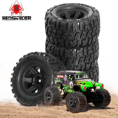 REDSPIDER 1/14 RC Monster Truck Wheel Rim Tires (4pcs) Hex 12mm OD 3.54'' for 1/12 1/14 1/16 RC Off Road Monster Truck TRX E-REVO Summit HPI SAVAGEGT-2XS REDCAT Volcano-16 (Black) - color: Black