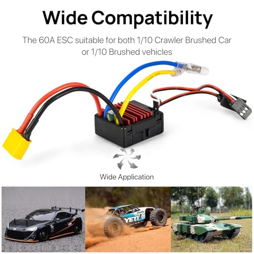 2026 New 60A Waterproof Brushed ESC 2-3S Electronic Speed Controller WP 1060 RC ESC Brushed with Power Witch for 1/10 Scale RC Crawler Car,Boats,Truck (XT60 Plug) - color: Black-yellow