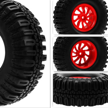 RC 1.9" RC Tires and Wheel Nylon Rims 12mm Hex Hub OD 106mm/4.25" Rubber Tyre 10-Spoke Compatible with 1/10 Axial SCX10 RC4WD D90 Tamiya CC01 TF2 Traxxas TRX4 RC Crawler (Red) - color: Red
