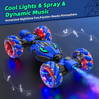 VisionX Unique 2.4GHz 4WD 360° Rotating Gesture Sensing RC Stunt Cars for Boys and Girls Ages 6-12, Double‑Sided Driving RC Drift Car, Birthday and Christmas Cool Car Toys Gifts for Kids, 2 Batteries - color: Vibrant Blue