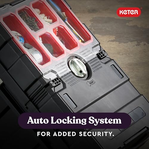 Keter Masterloader Resin Rolling Tool Box with Locking System and Removable Bins – Perfect Organization and Storage Chest for Power Drill, Tape Measure, and Screwdriver Set, Black | Black, Heavy Duty, Weatherproof, All Terrain Wheels, Durable, Easy Slide