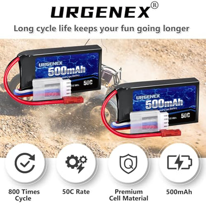 11.1V 500mAh Lipo Battery 3S 50C High Discharge Rate RC Battery Pack with JST Plug Rechargeable Lipos for RC Airplane Racing Drone Helicopter Quadcopter Micro FPV RC Car Truck Boat (2 Packs)