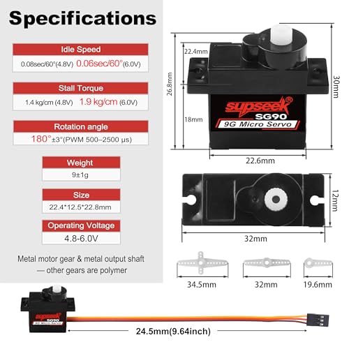 SG90 9g Micro Servo Motor, Metal Motor Gear & Shaft, 1.9kg·cm 0.08s/60° Mini Servos for Arduino, RC Airplane, Robot Arm, Car, Boat DIY Projects (5 Pcs) - size: 5