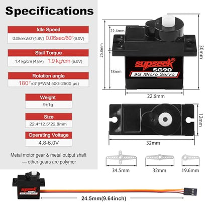 SG90 9g Micro Servo Motor, Metal Motor Gear & Shaft, 1.9kg·cm 0.08s/60° Mini Servos for Arduino, RC Airplane, Robot Arm, Car, Boat DIY Projects (4 Pcs) - size: 4