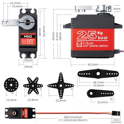 25KG Servo Motor High Torque Metal Gear for 1/10 1/8 RC Car 2 Pack | 27.5kg·cm Torque 0.13s/60° Speed @8.4V, Digital 270 Degree Waterproof Standard Steering with 25T Horn for RC Crawler Robot