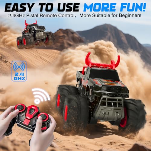 Remote Control Car for Kids, Waterproof RC Monster Truck with Gesture Band | All Terrain Waterproof RC Car Drives on Land and Water with 4WD, LED Lights, Spray, 360° Stunts, Tracks and 50+ Min Play - color: Red