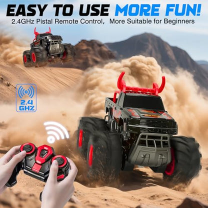 Remote Control Car for Kids, Waterproof RC Monster Truck with Gesture Band | All Terrain Waterproof RC Car Drives on Land and Water with 4WD, LED Lights, Spray, 360° Stunts, Tracks and 50+ Min Play - color: Red