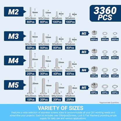3360Pcs M2 M3 M4 M5 Stainless Steel Ultra Low Flat Head Hex Socket Cap Screws Assortment Kit, 304 Stainless Steel Metric Machine Screws with Hex Nuts, Flat Washers, Lock Washers - color: 3360 M2 M3 M4 M5 U