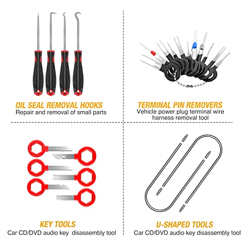 GOOACC 88Pcs Auto Trim Removal Tool and Push Pin Retainer Clip Set | Fastener Terminal Remover Tool Adhesive Cable Clips Pry Kit Car Panel Radio Removal Auto Clip Pliers - color: 48Pcs Remover +40Pcs Clips