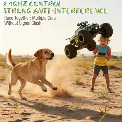 Remote Control Monster Truck for Kids: Off-Road RC Car with Headlights & Body Lights, 1:18, 20 km/h, 2WD, 2.4 GHz, All-Terrain, Rechargeable, High-Speed - Birthday for Boys Ages 4-12