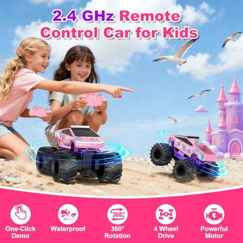 Amphibious Remote Control Car, 1:18 Waterproof Monster Truck Toys RC Cars, 2.4GHz RC Trucks 4WD All Terrain Off-Road Pickup, Kids Christmas Birthday Presents for Boy Girl Toys Age 6 7 8 9 10 11 12 - color: Pink