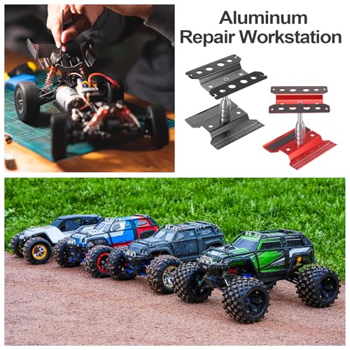 MECCANIXITY 1 Set RC Car Work Stand Lift Lower Aluminum Repair Workstation 360 Degree Rotation for 1/8 1/10 1/16 Scale RC Car Crawler Truck Vehicle (Red)
