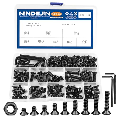 NINDEJIN Metric M6 Screws Set, Hex Socket Flat Head M6 Screw Assortment Kit, 9 Lenght Screw Bolts and Hex Nuts, Carbon Steel, Allen Socket Drive, Black Parts - size: 146PCS M6 8mm-30mm