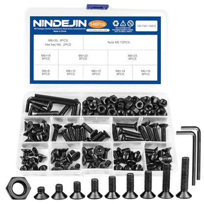 NINDEJIN Metric M6 Screws Set, Hex Socket Flat Head M6 Screw Assortment Kit, 9 Lenght Screw Bolts and Hex Nuts, Carbon Steel, Allen Socket Drive, Black Parts - size: 146PCS M6 8mm-30mm