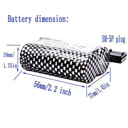 Blomiky 2 Pack 7.4V 1200mAh Li-ion Rechargeable Battery with SM-5P Plug and USB Cable for Some Kind Version TX123 HJ826 RC Boat / R208