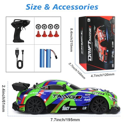 RC Car for Kids, 1:24 4WD High Speed Remote Control Drift Car | 2.4GHz RC drift car with LED lights, 2 Batteries & Drift Tires, dual-mode tires, Birthday gift for boys aged 4-12, Green - color: 1-green