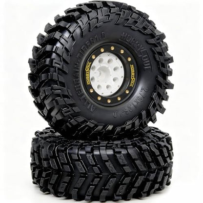 HOBBYSOUL 70 * 27mm All Terrain 1.0 Tires & Brass 1.0 beadlock Wheels Set - Adjustable Offset 1.0 Wheel and Soft Sticky 1.0‘’ tire for RC Crawler TRX4M SCX24 Upgrades, Black & White - color: Black & White