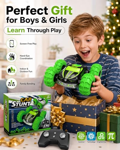RC Stunt Car for Kids & Dog Chase Fun, 4WD Remote Control Car with Inflatable Bounce Tires, 360° Flips & Spins, Double-Sided Driving, LED Lights, Outdoor Backyard Toy, Gift for Boys Girls