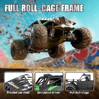 RC Cars 1:14 Scale 4WD Off-Road Monster Truck Rc, 40+ KM/H 4X4 Waterproof ESC Remote Control Car with Dual 7.4V 1300mAh Batteries, Extra Paddle Tires & Full Roll-Cage Frame for Adults & Boys
