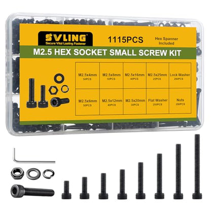 1115Pcs M2.5 Screws Assortment Kit,Hex Socket Head Cap Screws Bolts Nuts Washer Set,12.9 Grade Alloy Steel,Black Oxide M2.5 x 4/6/8/12/16/20/25mm,for 3D Printer,DIY Project - size: M2.5 1115PCS Socket Black