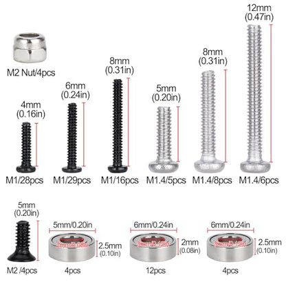 120PCS RC Screw Kit with Bearings for Axial SCX30, Stainless Steel M1 M1.4 M2 Hardware Set, Hex & Phillips Screws, Durable Upgrade Parts for 1/30 RC Crawler with Box