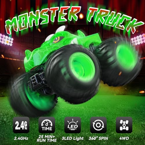 AUUGUU Remote Control Car, 2.4GHz Monster Trucks Toys with Light Spray, Birthday Gift for Kids 3 4 5 6 7 8, All Terrain RC Cars, Toddler Toys for Boys Girls 3+ Year Old (Dinosaur-Green) - style: Dinosaur-green