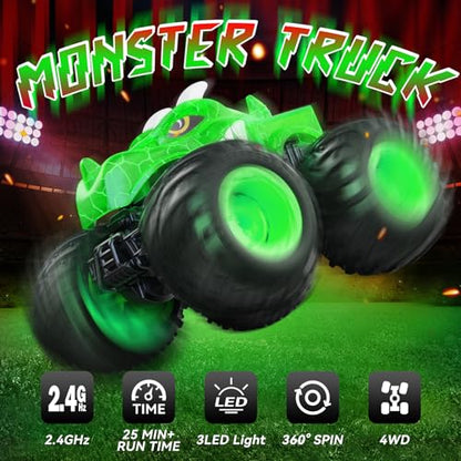 AUUGUU Remote Control Car, 2.4GHz Monster Trucks Toys with Light Spray, Birthday Gift for Kids 3 4 5 6 7 8, All Terrain RC Cars, Toddler Toys for Boys Girls 3+ Year Old (Dinosaur-Green) - style: Dinosaur-green