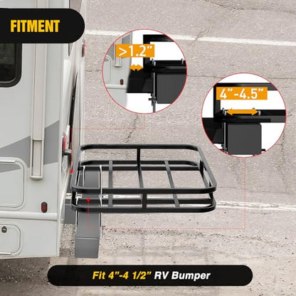 Nilight 32”×26”×4” RV Bumper Mounted Cargo Rack Carrier with Net Fits 4-inch or 4-1/2-inch Bumpers Heavy Duty Luggage Holder Basket for RV Camping Traveling Capacity 350LBS - style: 32”×26”×4” RV Bumper Mounted w/Net