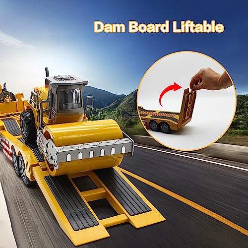 Fistone RC Semi Truck with Trailer, 1:24 RC Semi-Trailer Engineering Tractor with Sound and Lights, 2.4Ghz Remote Control Flatbed Truck with Road Roller Toys, Construction Vehicles Toy for Boys - style: Truck & Road Roller Toy