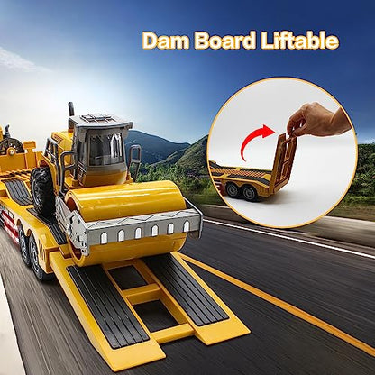 Fistone RC Semi Truck with Trailer, 1:24 RC Semi-Trailer Engineering Tractor with Sound and Lights, 2.4Ghz Remote Control Flatbed Truck with Road Roller Toys, Construction Vehicles Toy for Boys - style: Truck & Road Roller Toy