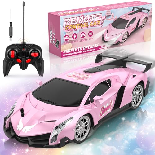 Growsland Remote Control Car for Girls, 1:18 Pink RC Cars Toys for Kids Girl Electric Vehicle Toy Car Hobby Racing Car with Lights & Controller, Birthday Gifts for Girl Boys Age 3 4 5 6 7 8 9 Year Old - color: Pink