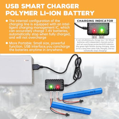 2PCS 7.4V 10C 3000mAh with SM-2P Plug with 2-in-1 Charger for MP5K M4 M110 SRB1200 SRB400 SRB400-SUB Airsoft Gel Bead Toy Gun Remote Control Toy Car Battery