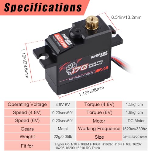 GLOBCAT 17g Metal Digital Servo with Arms for 1/16 Hyper Go | Fits Hyper Go H16BM H16GT H16DR 16207 16208 16209 16210
