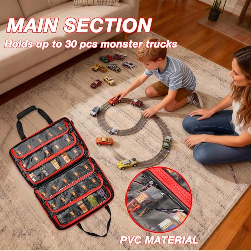 Monster Truck Case for Monster Jam 1:64 Scale, Holds 34 Cars | Storage Bag with 6 Clear TPU Zipper Pockets, Front Pocket, D-Ring, Top Handles and Detachable Shoulder Strap, Black