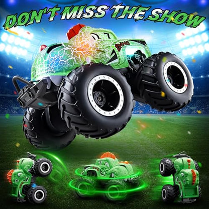 Amphibious Remote Control Car, 1:20 Waterproof Dinosaur Monster Trucks for Boys Age 4-7, 2.4GHz All Terrain RC Cars with 2 Batteries, 360° Rotating Stunt RC Car Toy Birthday Gift for Kids 3-5 - color: Kelly Dinosaur Truck