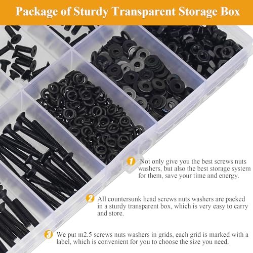565 Pieces M2.5 Screws Nuts Washers Set Black, Sutemribor M2.5 x 4/6/8/10/12/16/20mm Countersunk Head Socket Cap Screws Nuts Washers Assortment Kit, 10.9 Grade Alloy Steel, Fully Threaded - size: M2.5, style: Countersunk Head Socket Cap