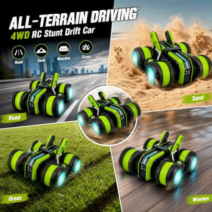 High Speed RC Stunt Car 25KM/H, 2.4GHz 4WD Remote Control Drift Car | Upright & Side Driving, One-Click Auto Stunts, Tire Flipping, 360° Rotation, Birthday Toy Gift for Kids Boys Ages 4-12 - color: Green