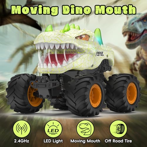 Dinosaur Remote Control Car 2.4GHz RC Monster Truck 1:24 Scale RC Car with LED Lights & Movable Mouth, Rechargeable Dinosaur Toys Birthday Gift for Boys 6-12, Orange - color: Orange