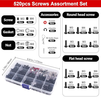 524Pcs RC Screw Kit RC Repair Tool Kit M3 M4 Hex Screws Nut Shell Body Clips Hardware Fastener w/Screw Tray and 17mm Hex Wrench Tools for 1/8 1/10 1/12 Scale RC Cars Trucks Crawler Buggy DIY Parts
