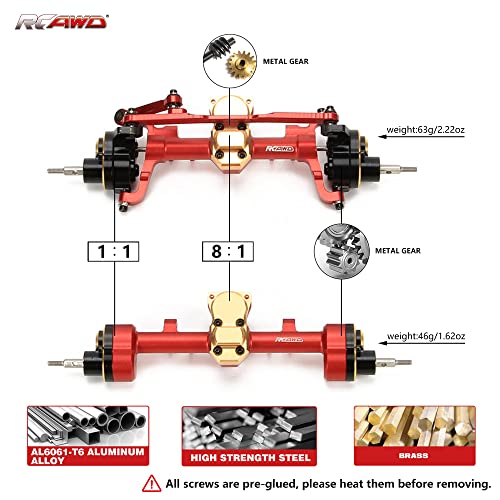 RCAWD CNC Machined Aluminum Alloy Front and Rear Portal Axle Housing w/Steel Gears&Brass Worm Gears&Brass Third Member Housing&Brass Hex for Axial 1-24 Scx24 Crawlers(Red) - color: Red