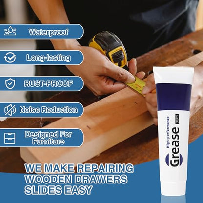 Drawer Slide Grease 3.38oz Multi-Purpose Lubricant for Cabinet Slides, Door Hinges, Bearings, Gears, Garage Doors and Window Tracks, With Cleaning Cloth, Tapered Applicator and Brush