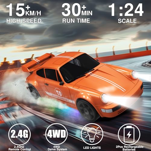 RC Drift Car 1:24 Remote Control Car 4WD 15KM/H High Speed Racing Sport Car with LED Lights RC Cars Toy for Kids Boys Girls Adults Gifts Birthday Christmas - color: Orange