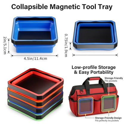 4 Pack Foldable Magnetic Tray Set, 4.5 Inch Square Silicone Magnetic Parts Tray with Dual-Sided Base, Foldable Magnet Trays for Screws Bolts Nuts Washers Pins & Small Metal Parts