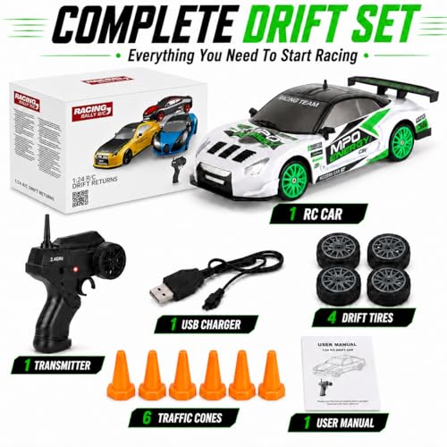Liberty Imports RC Drift Car 1/24 2.4GHz 4WD Remote Control Sport Racing On-Road Vehicle with LED Light, Batteries and Drift Tires (Style 2) - style: White