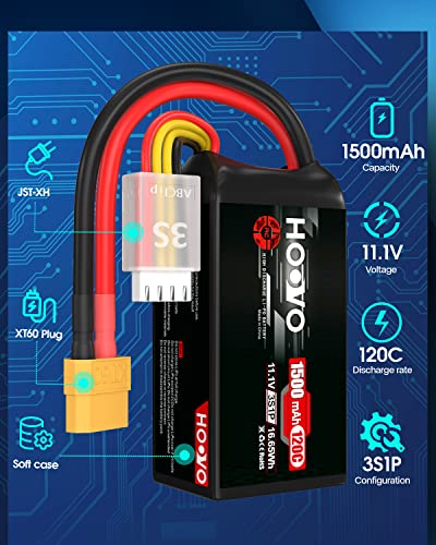 HOOVO 3S 120C 11.1V 1500mAh LiPo Battery with XT60 Plug(2 Pack) | for FPV Racing RC Quadcopter Helicopter Airplane Multi-Motor Hobby DIY Parts