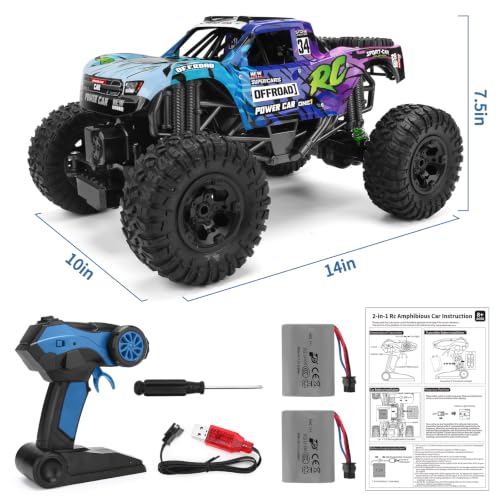 Remote Control Truck,1:12 4x4 Offroad Waterproof RC Amphibious Monster Toys | 2 Rechargeable Batteries Dual Motors Crawler Vehicle Monster Trucks for kids Adults Birthday Christmas Gift Toys - color: Blue