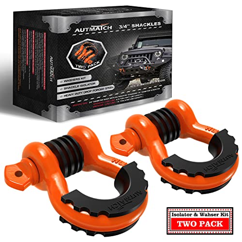 AUTMATCH D Ring Shackle 3/4" Shackles (2 Pack) 41,887Ibs Break Strength - Clevis Shackle with 7/8" Screw Pin and Shackle Isolator Washers Kit for Tow Strap Winch Off Road Vehicle Recovery, Orange - color: Orange
